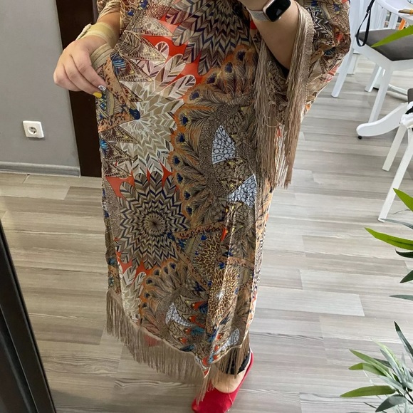 New Boho Mixed Print Kimono Cardigan Robe Jacket w/ Fringe Detail - Picture 11 of 12